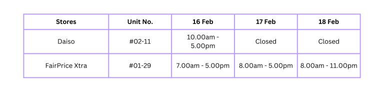 CNY operating hours for Supermarket