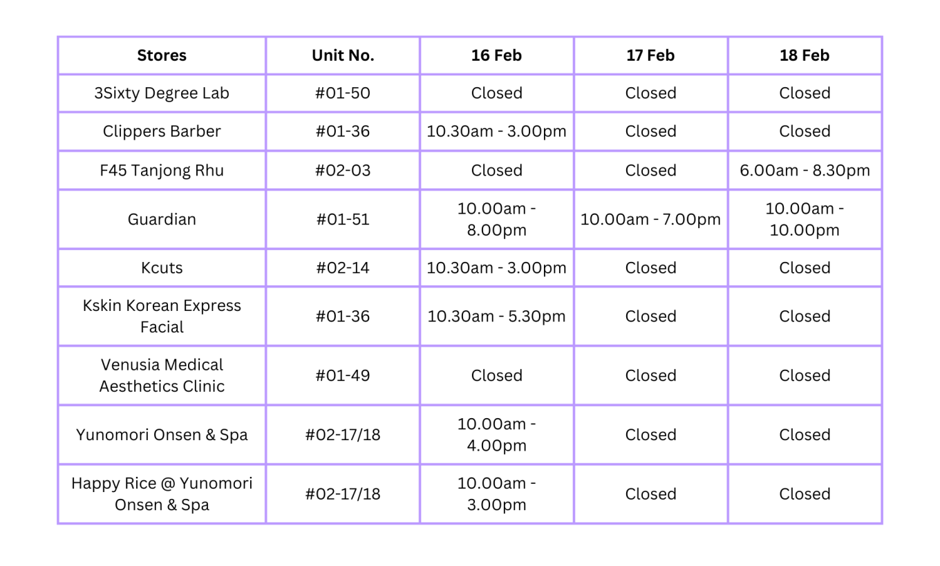 CNY operating hours for Beauty & Wellness