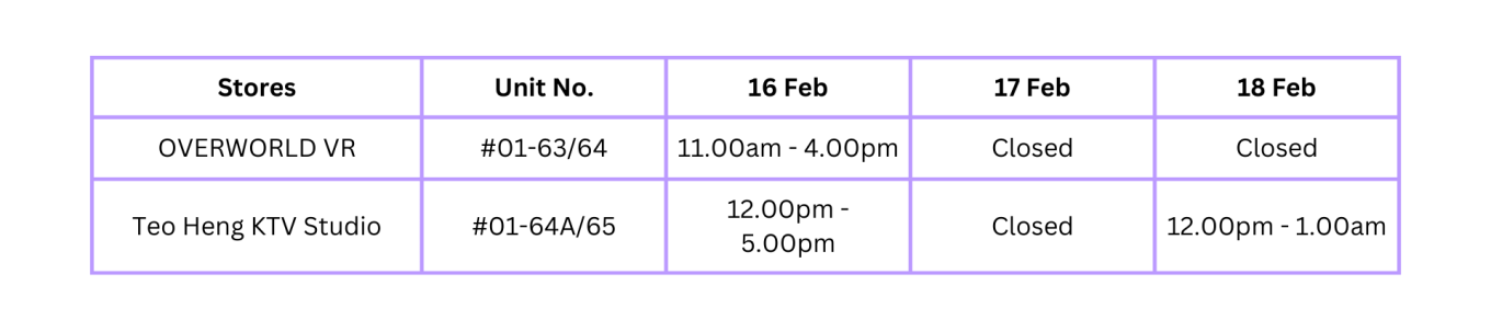 CNY operating hours for Leisure & Entertainment