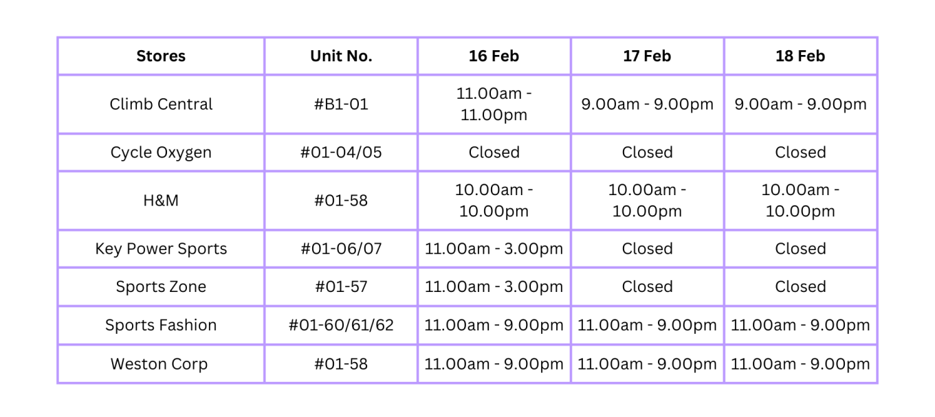CNY operating hours for Sports & Apparel